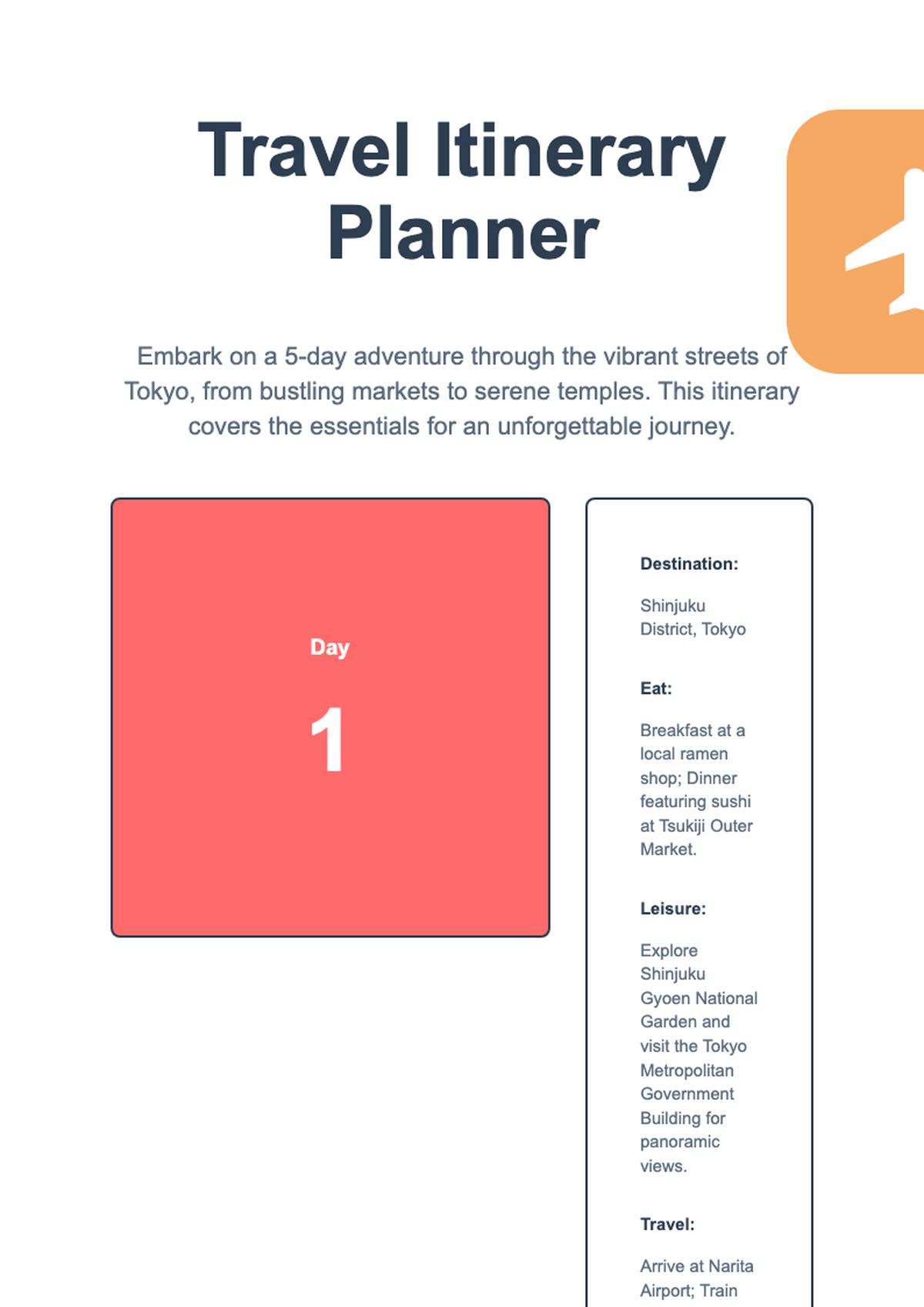 Colorful 5 day itinerary planner template with daily schedule and travel details_variant_3